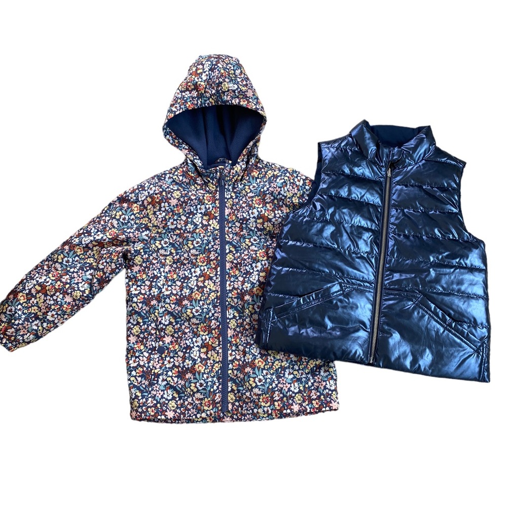 CREWCUTS/OSHKOSH Girl’s Metallic Reversible Vest and Floral Rain Jacket Size S/M